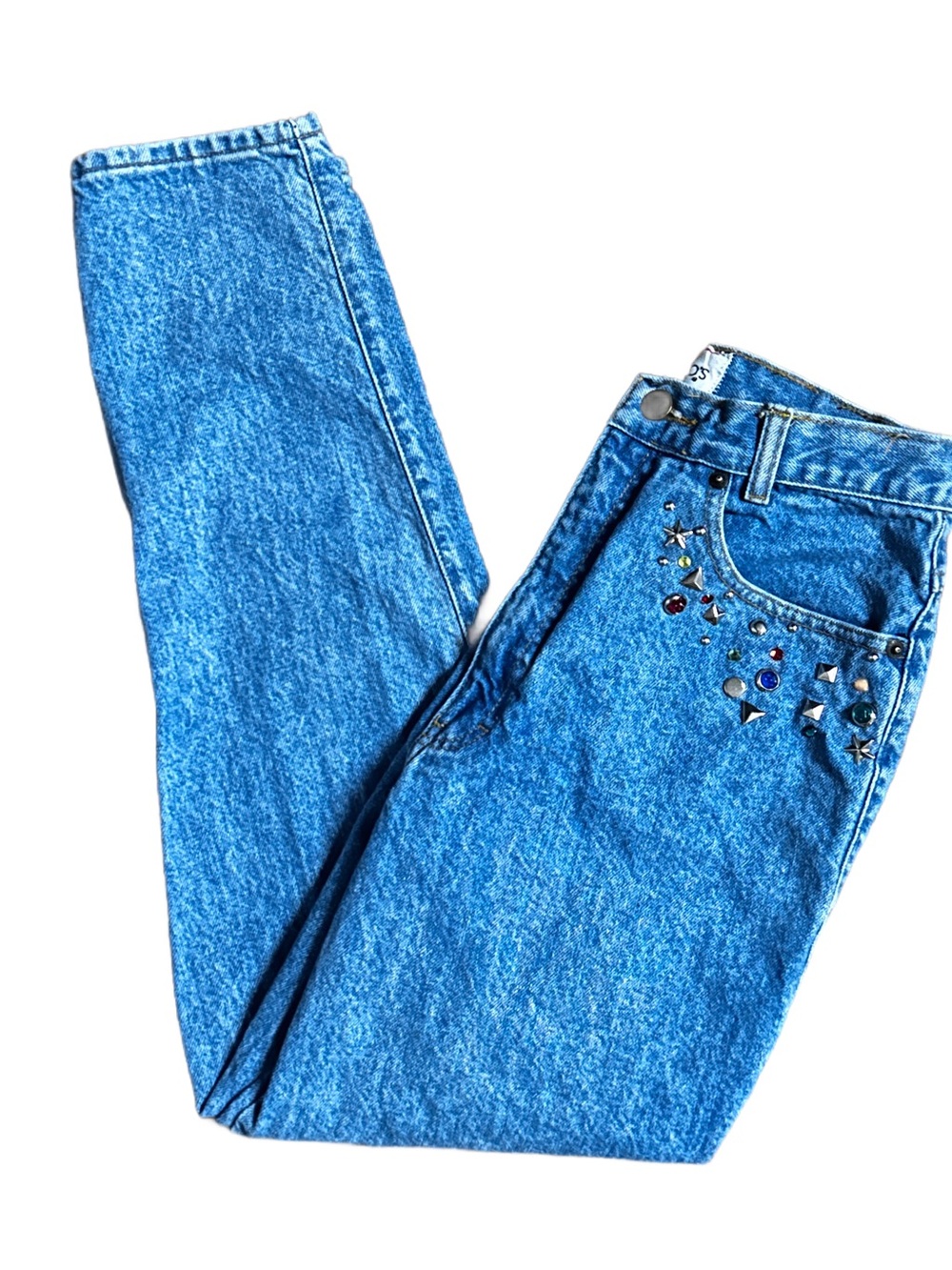 Palmetto’s ~ Size 9 (26/28) ~ USA ~ Denim Blue W/Multi-Colors Rhinestones Jeans